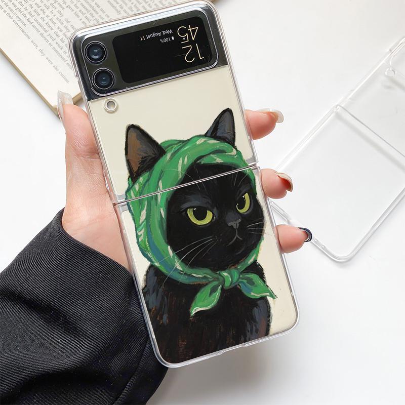 Lovely Cat Playing Fun Fashion Phone Case For Samsung Galaxy Z Flip 3 4 5 6 7 Hard Folding Z Flip4 Clear PC Cover Gift