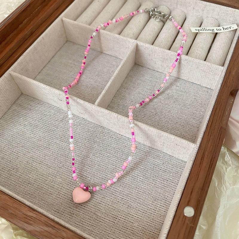 Bohemian Beaded Necklace Summer Rice Bead Love- Necklace Hawaii Beach Necklace Jewelry Suitable for Ladies and Girls