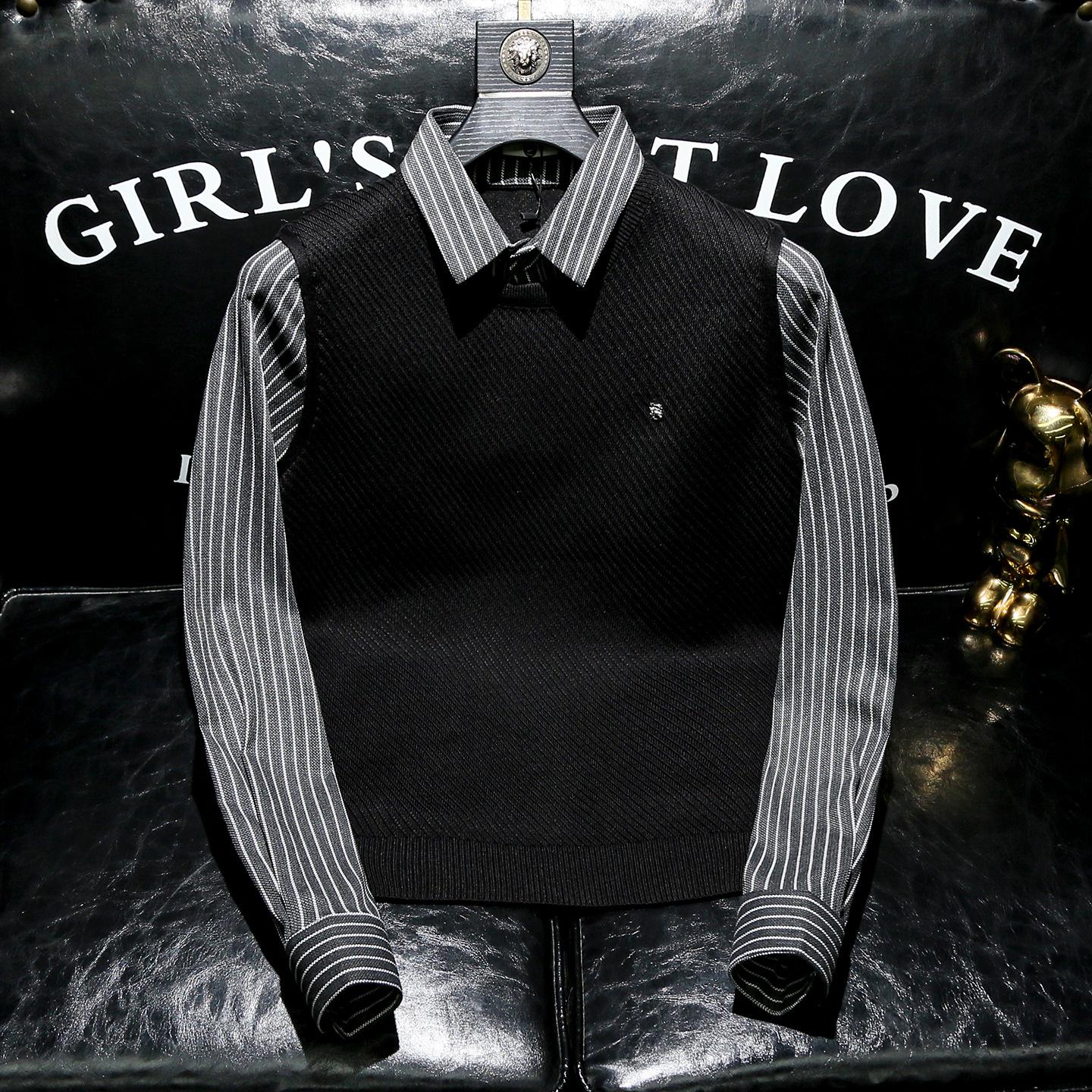 

2025 Autumn/Winter Men s European Slim-Fit Two-Piece Sweater with Knitted Shirt Collar. 4XL чёрный