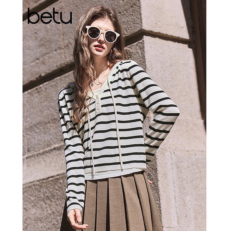 Betu Women's 2025 Spring Faux Two-Piece Color-Block Hooded Knit Sweater