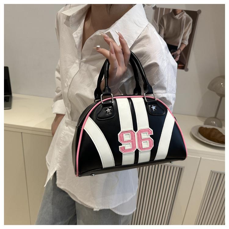 New Japanese Style Faux Leather Boston Bag for Women, Trendy Handheld Shoulder Crossbody Purse, Racing Style Bowling Handbag CLE