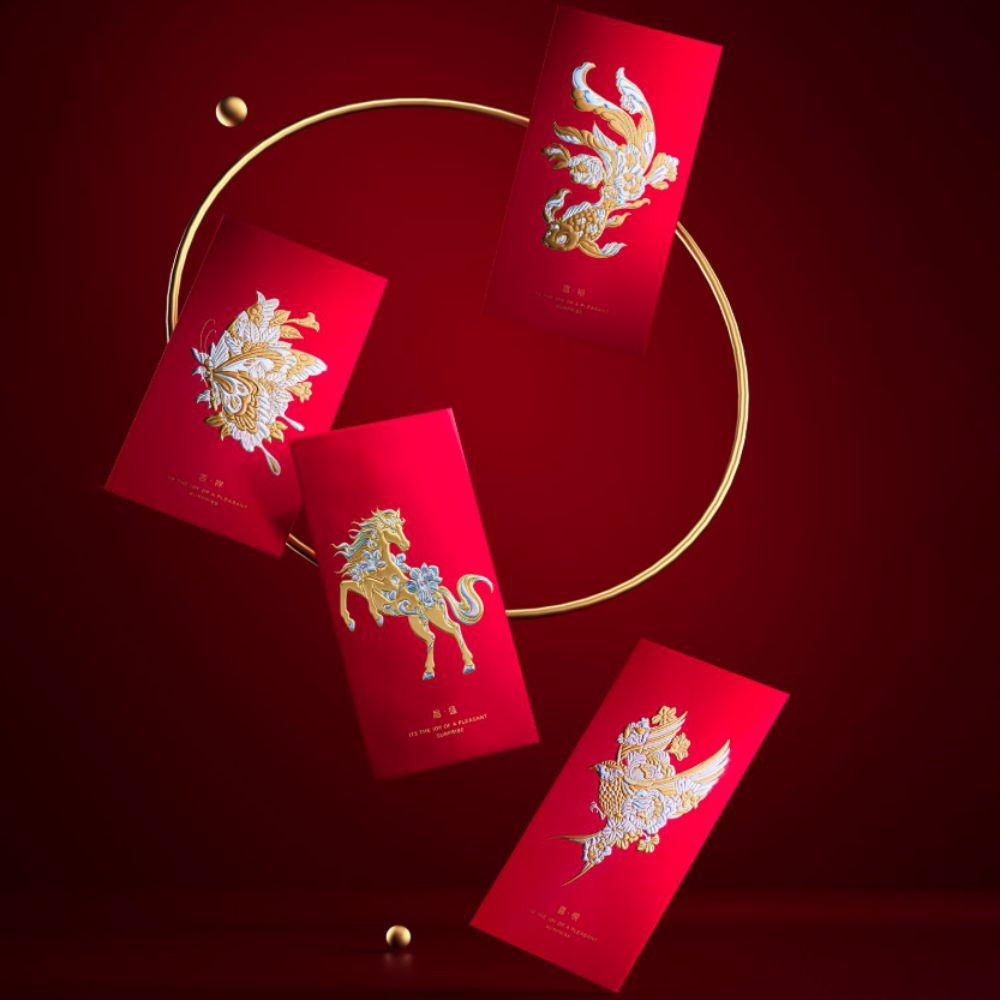 4pcs Relief Pattern 2026 Spring Festival Lucky Money Bag Year of The Horse Red Packet Wedding