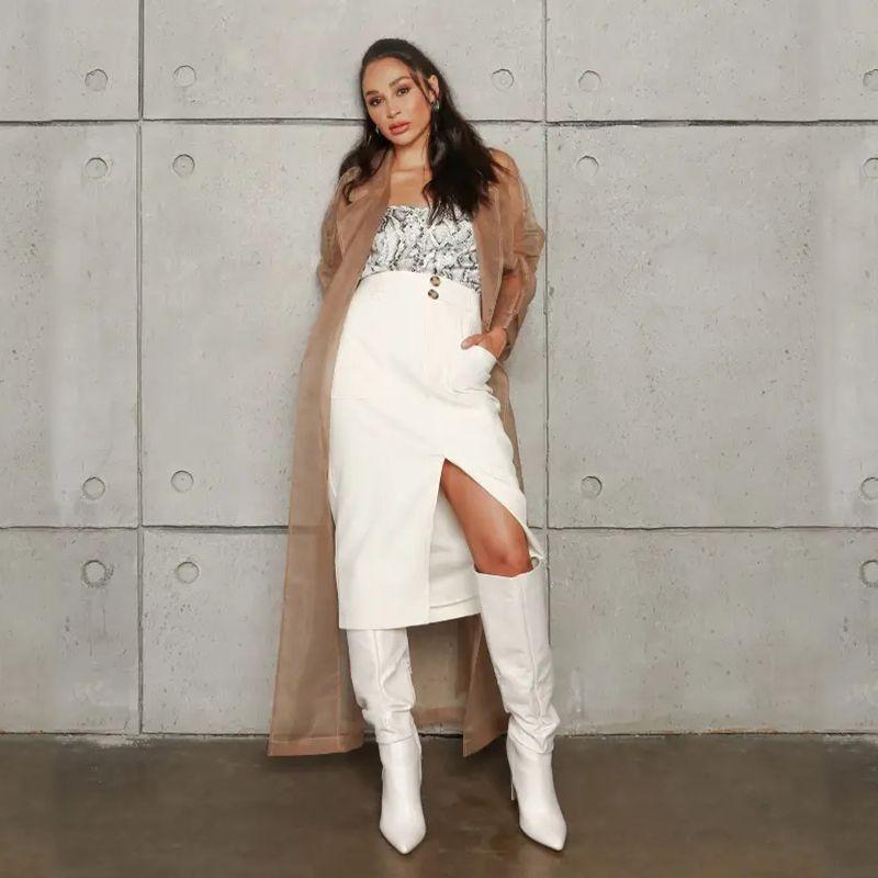 

Waist and Hip Ratio High Waist Front Slit Stylish Feet Elastic Moderate Outer Single Bodycon Dress Skirt Beige 14