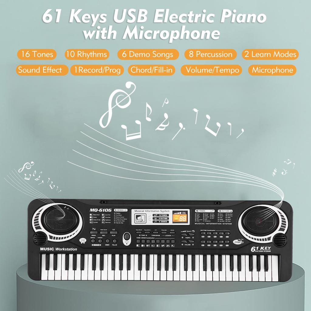 61 Keys USB Electronic Organ Kids Electric Piano with Microphone Black Digital Music Electronic