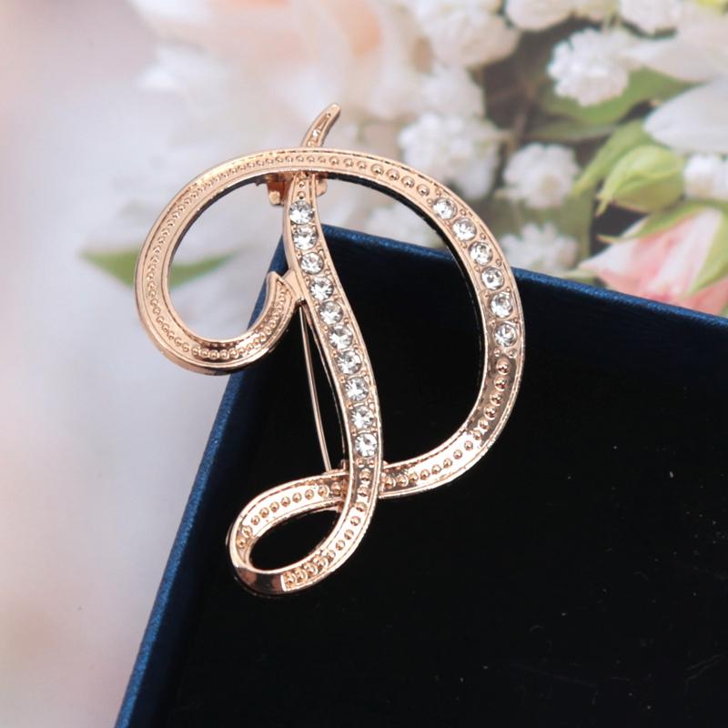 Fashion Women Rhinestone Brooch A-Z English Letter Gold Color Metal Pins Crystal Alphabet Jewelry Shirt Clothes Accessories Gift