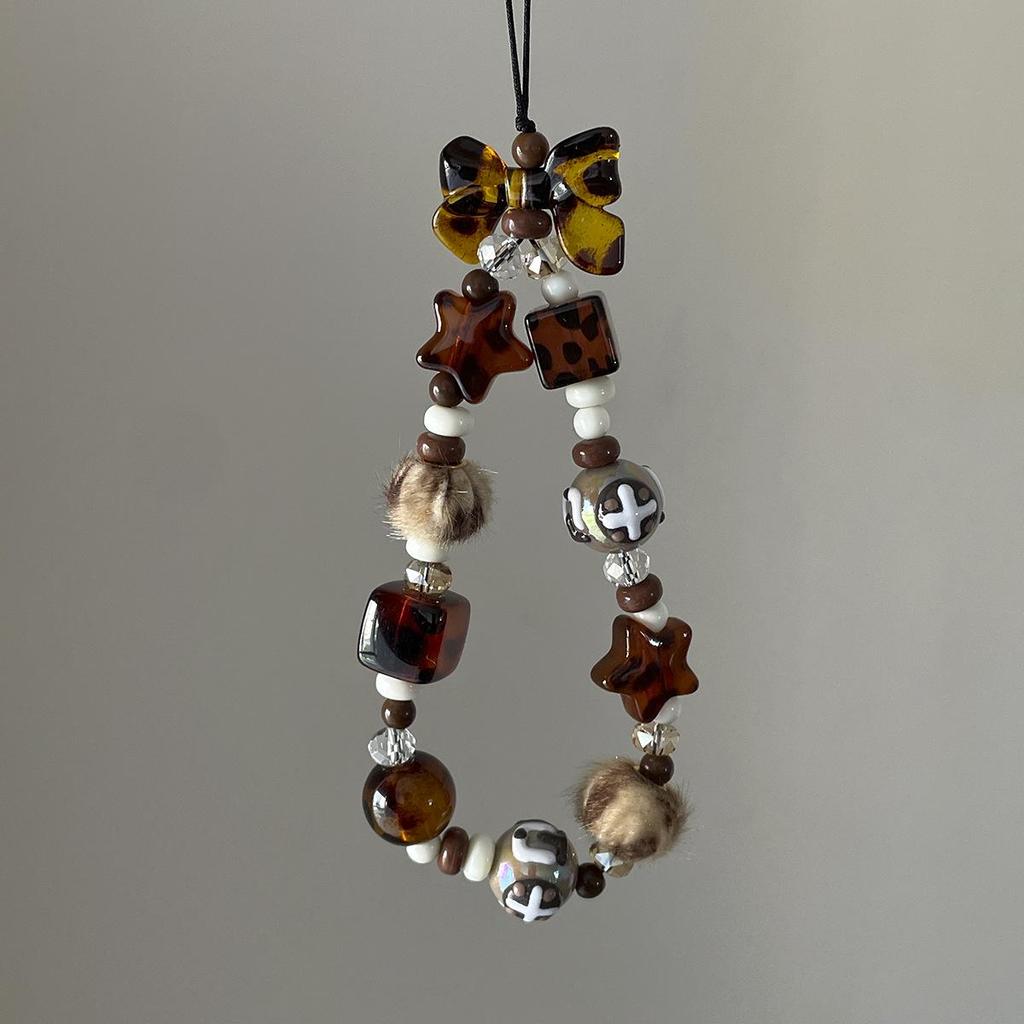 Meilade Leopard Print Bow Star Phone Lanyard & DIY Wrist Chain Keychain Pendant