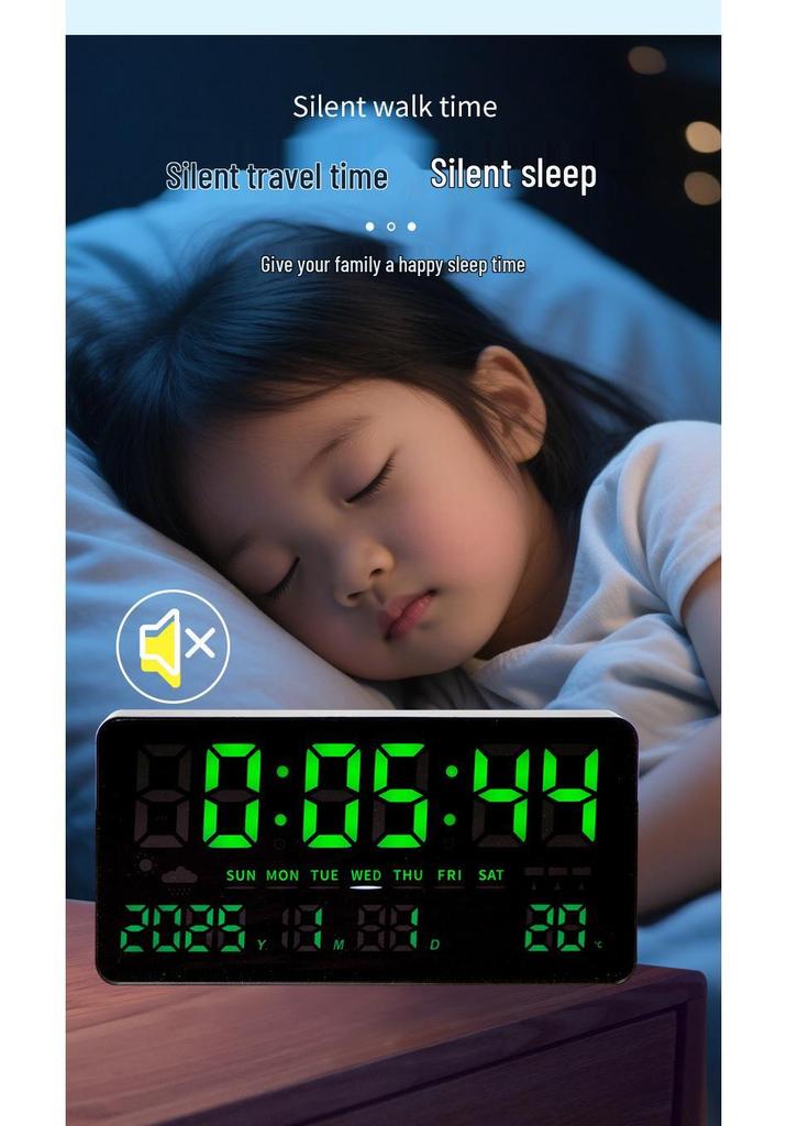 Wall-Mounted Electronic Clock with Large Numbers, Perpetual Calendar, Temperature Display, and Alarm for Bedroom or Dormitory.