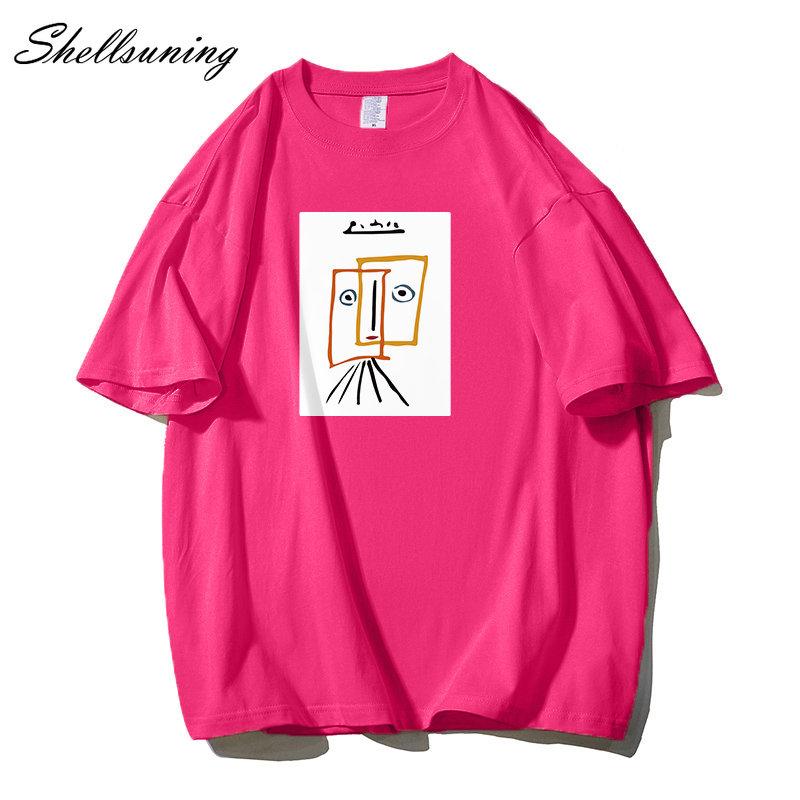 Shellsuning Cartoon Printing T-shirt Women Summer Fashion Casual Simple Short Sleeve 100% Cotton Soft Tees Female Oversized Basic Couple Tops