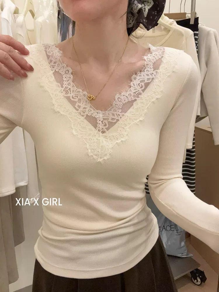 

Women s Lace Trim V-Neck Long-Sleeve Slim-Fit Shirt for Autumn and Winter One Size [37.5kg-62.5kg] абрикосовый