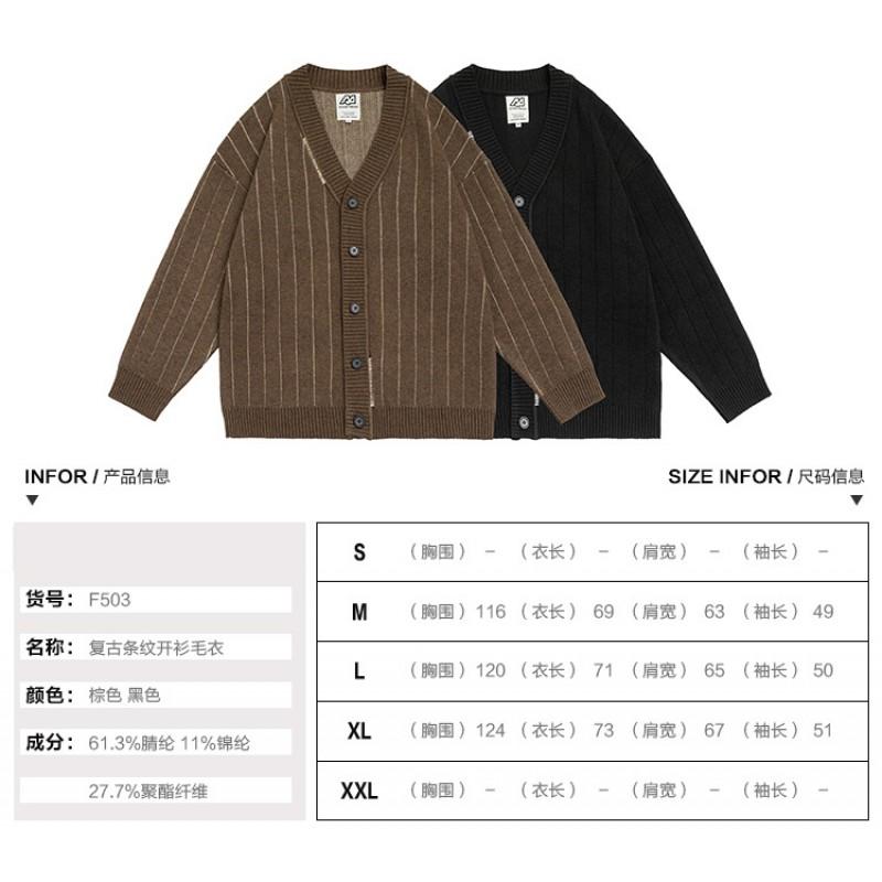Unisex Japanese Retro Style Striped Knit Cardigan V-Neck Loose Fit Sweater Casual Wear