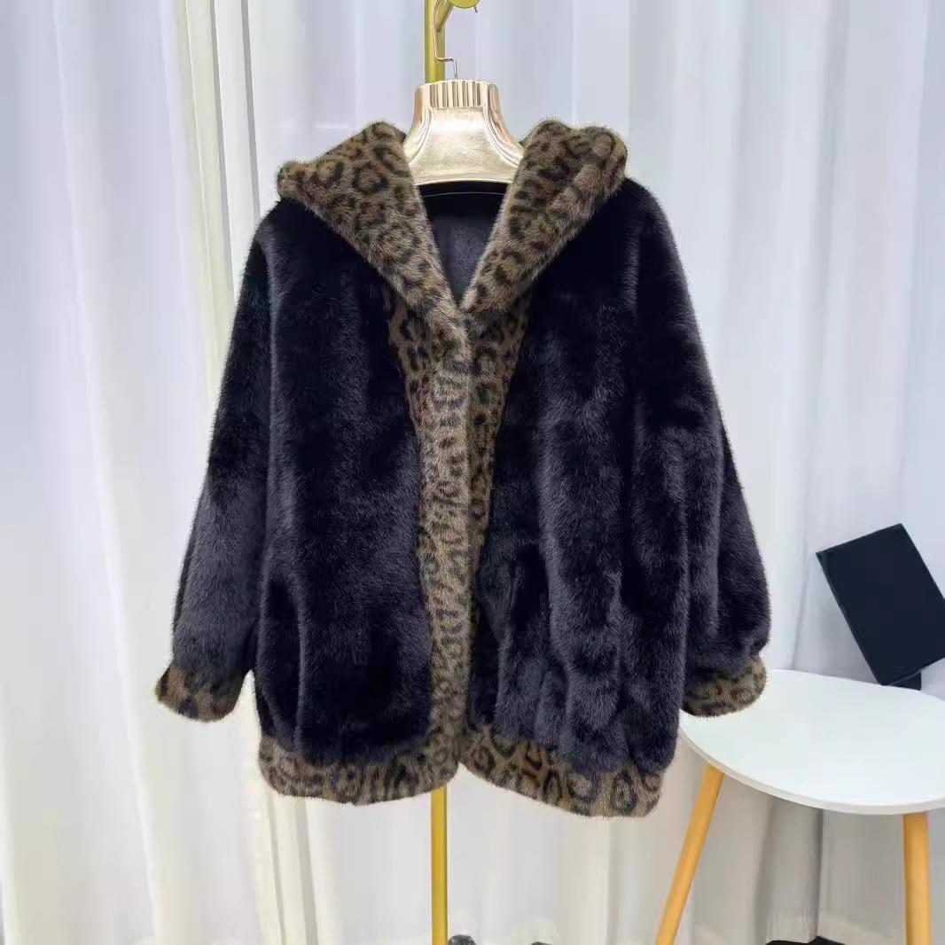 

Новая модная женская шуба из норки с леопардовым принтом, свободного кроя, с высоким темпераментом, роскошная, из искусственного меха, цельная One size fits all чёрный