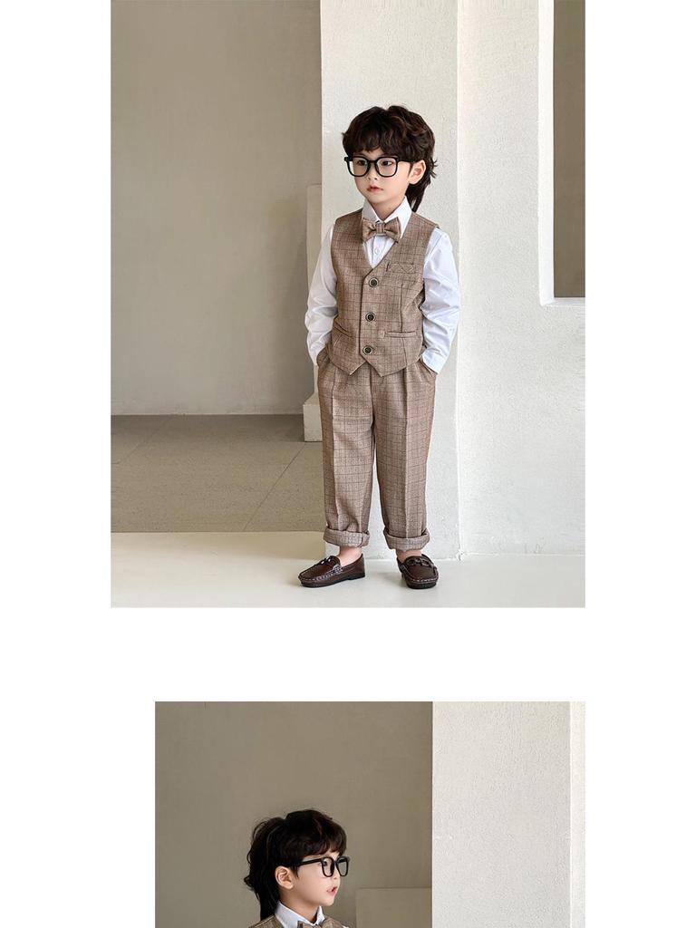 2025 Autumn British Plaid Tuxedo Suit for Kids: Boys' & Girls' Performance Vest Costume