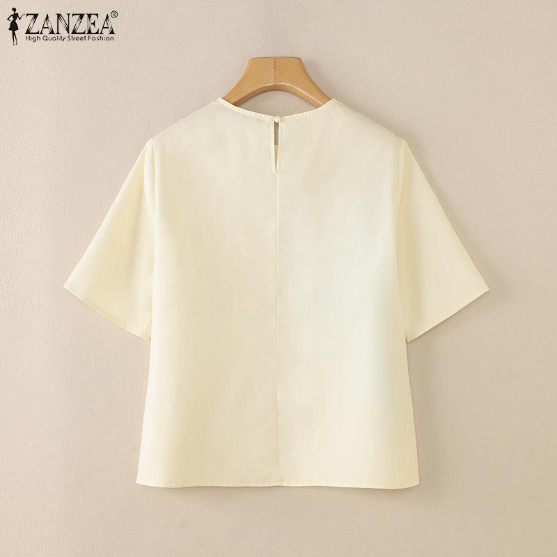 ZANZEA Women Summer Round Neck Short Sleeve Colorblock Blouses