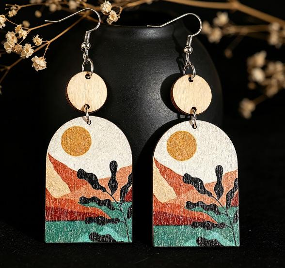 Sunset Spliced Round Wood Earrings