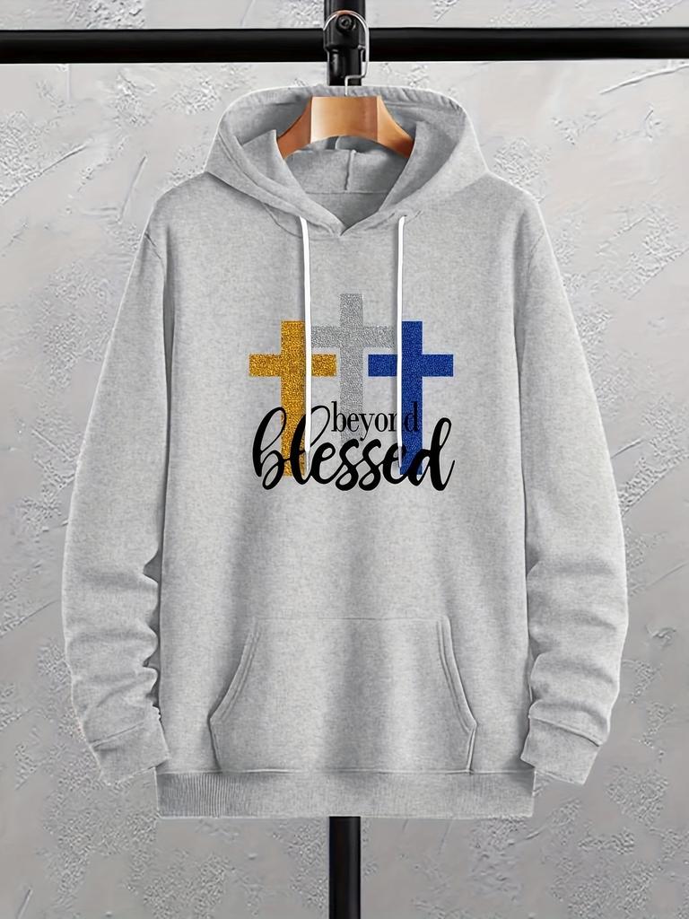 Faith‑Focused Kids Hip Hop Sports Hooded Sweatshirt, Glitter Effect Cross Inspirational Slogan Graphic, Relaxed Fit Pullover For Casual Daily Outing