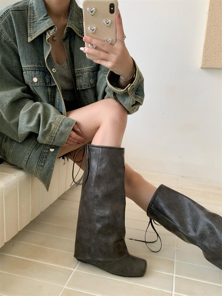 Square Head Pants Boots Women's Boots Inner Height Increase 2025 Autumn and Winter New Cool But Knee Boots Rear Lace-up Fashion Boots Women