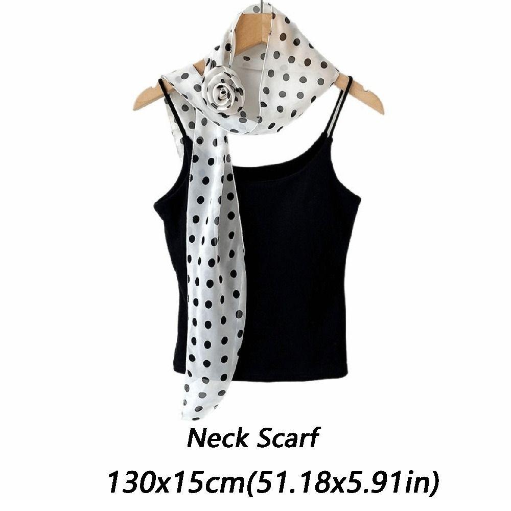 Fashion Detachable Chiffon Long Scarf Polka Dots Versatile Thin Rose Decor Neck Scarf Elegant Scarf Shawl Women Girls Gifts