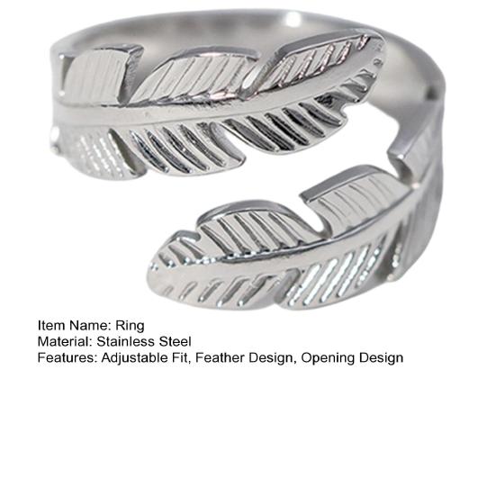 Finger Ring Feather Shape Open Adjustable Fit Women Ring Stainless Steel Texture Freedom Lightness Symbol Stacking Layered Base Ring