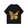 Women Casual T Shirt Black Sunflower Butterfly Print Loose Fit Top Summer Outfit