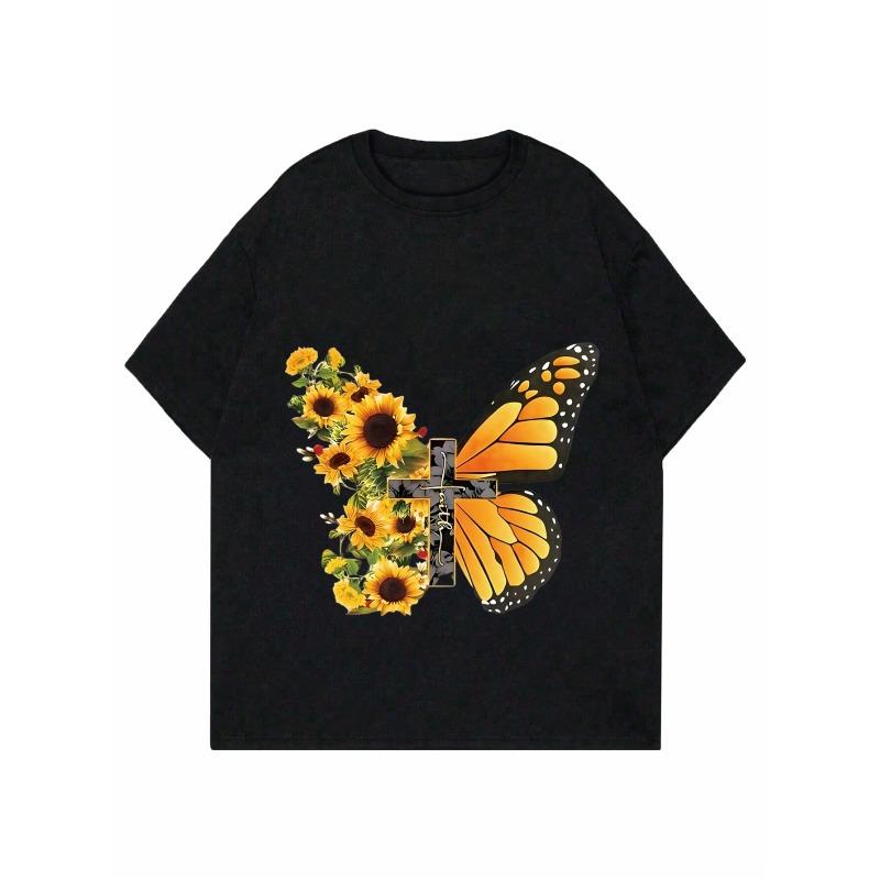 Women Casual T Shirt Black Sunflower Butterfly Print Loose Fit Top Summer Outfit