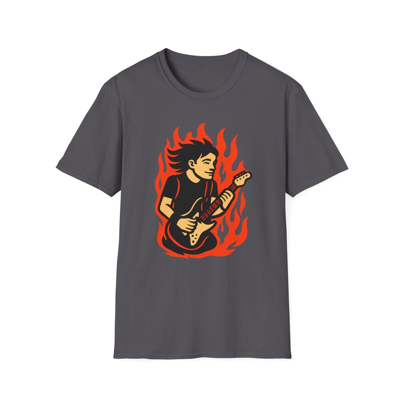 Unisex Softstyle Flaming Guitarist T-Shirt Mens Womens Tees Top - Rock Music and Fire Vibes XL