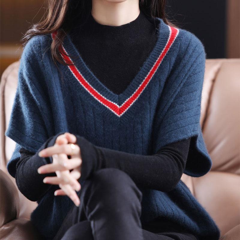 Toamnă Iarnă Vestă tricotată pentru femei, cu decolteu în V, largi, color-bloc, tricot, pulover fără mâneci