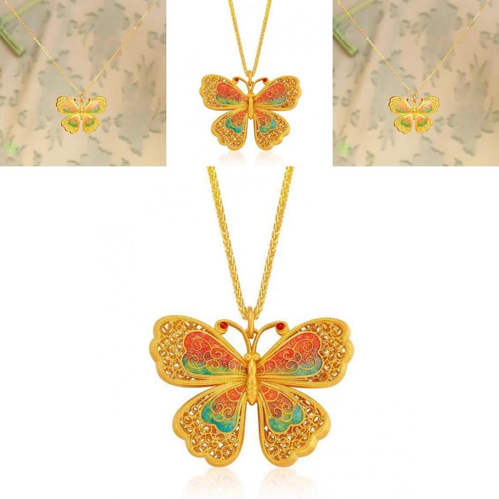 Exquisite Flower Silk Enamel Butterfly Jewelry Set With Necklace And Adjustable Ring