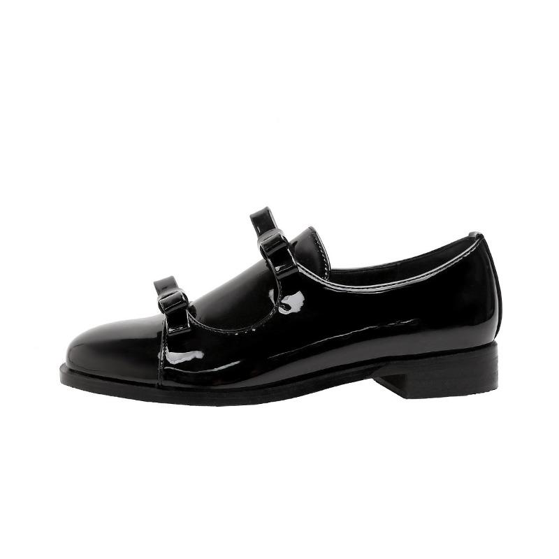 Spring bow small leather shoes women's thick-soled heightening leather black low-heeled single shoes