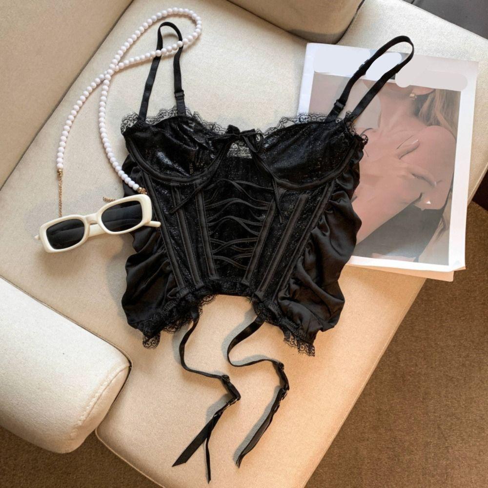 Sleeveless Lace Flower Camisole Mesh Transparent Suspender Vest Satin Lace-up Corset Travel