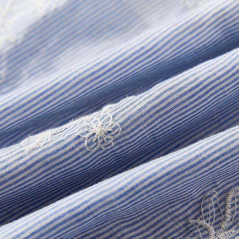 French Style Embroidered Striped Cotton Maxi Dress