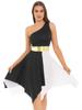 Womens One Shoulder Dance Dress Color Block Patchwork Design Asymmetrical Hem Sleeveless Performance Gown