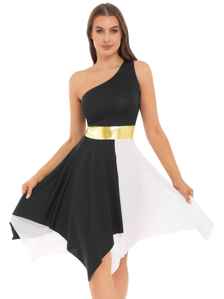 Womens One Shoulder Dance Dress Color Block Patchwork Design Asymmetrical Hem Sleeveless Performance Gown