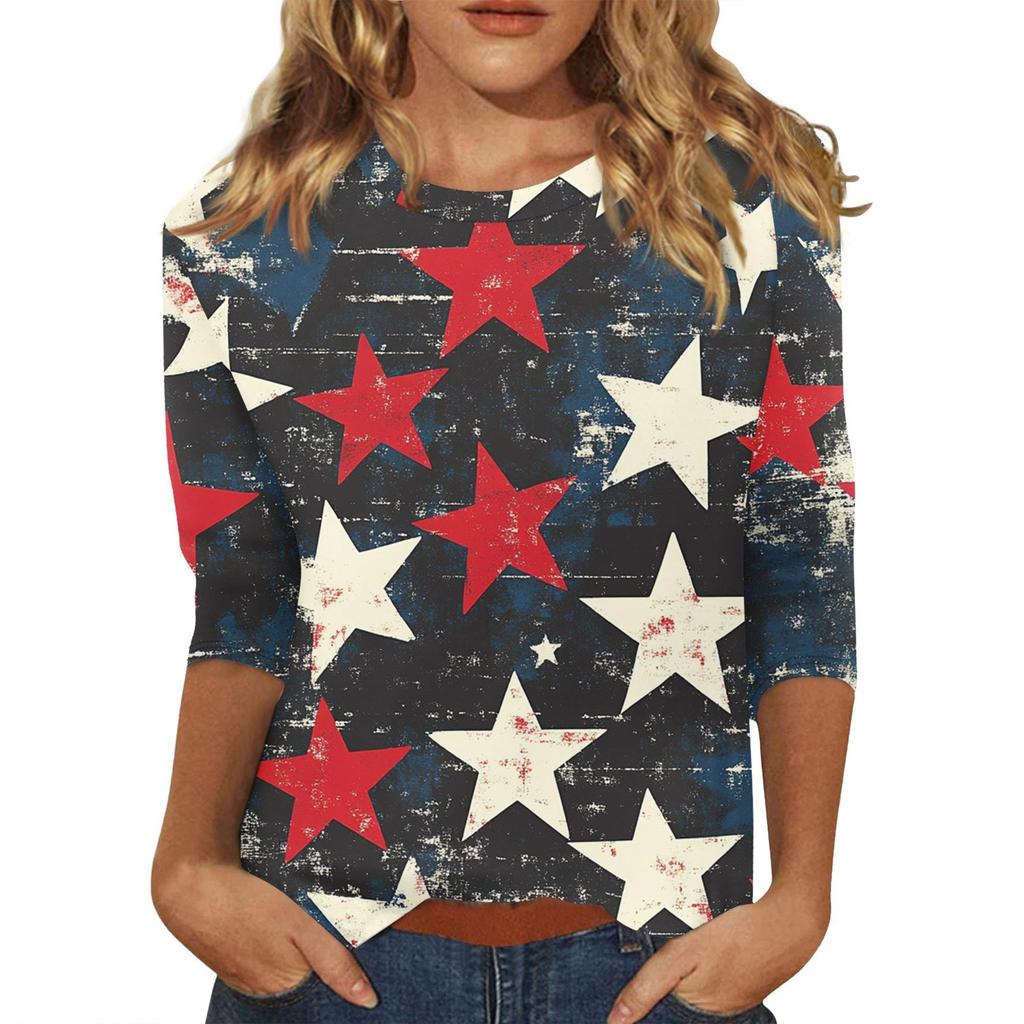 Dámské módní ležérní tričko s kulatým výstřihem a 3/4 rukávy volného střihu s potiskem Dne nezávislosti dámský top