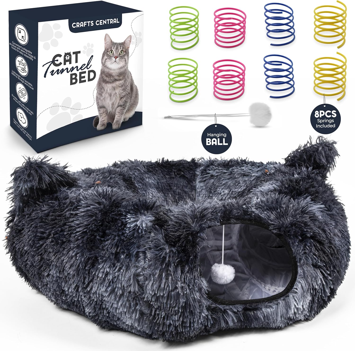 

Cat Tunnel Bed with 8 Spring Toys - Plush Peekaboo Cat Cave - Foldable Kitten Bed Tunnel United States