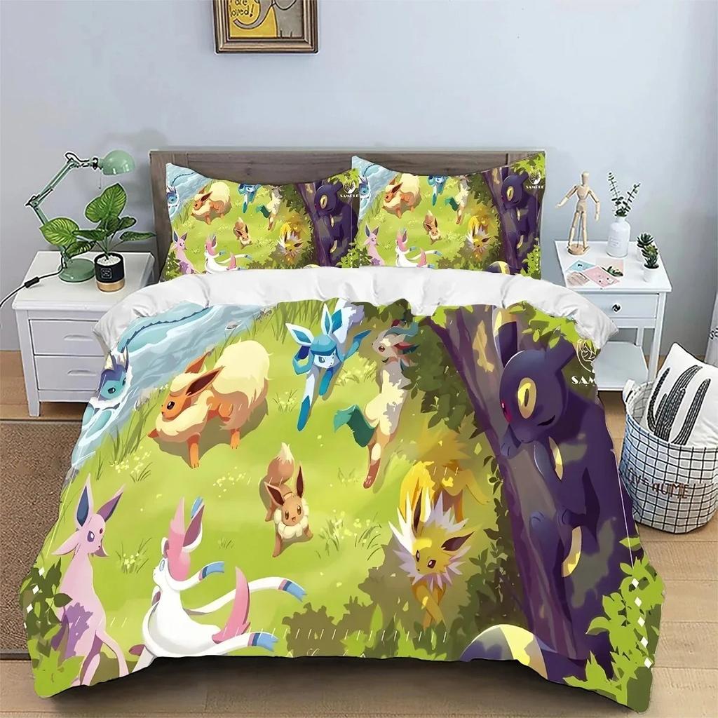 Exquisite 3D Anime Eevees Family Duvet Cover Sets Bedroom Bedding For Boys Kids Teens Girls Quilt Cover Pillowcases Christmas