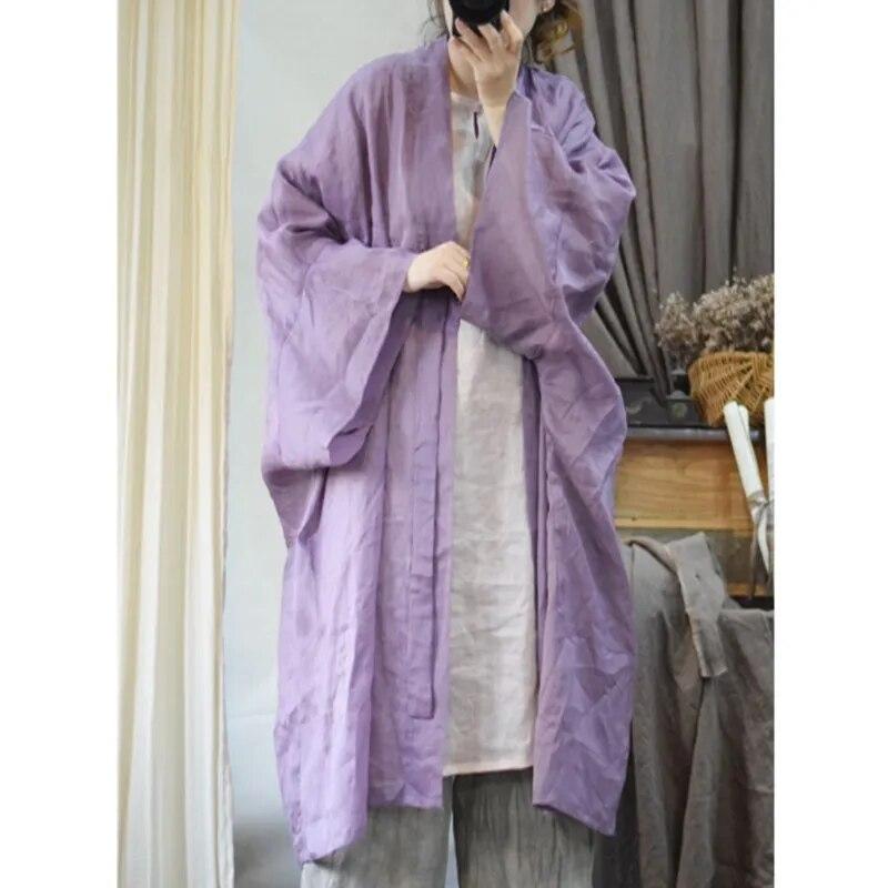Johnature Linen Chinese Style Casual Shawl Autumn Woman Fashion Vintage Style Solid Color Long Sleeves Coat