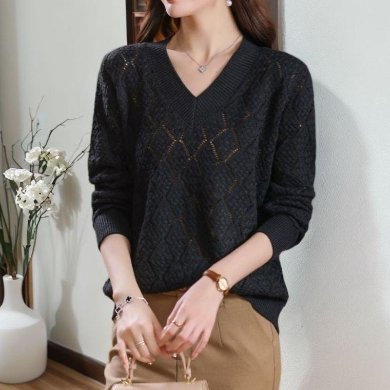 Women's V-neck Plus Size Sweater  Loose Hollow Out  Solid Color Loose Knit Pullover Sweater  Autumn Spring Summer