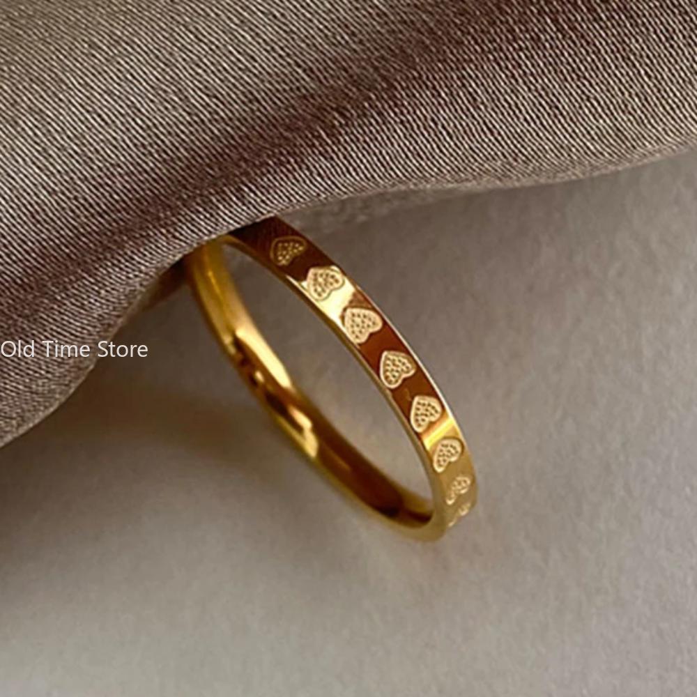 Golden Stainless Steel 2mm Heart Rings Women Size 5/6/7/8/9/10# Thin Finger Ring Wedding Band Engagement Jewelry Girlfriend Gift