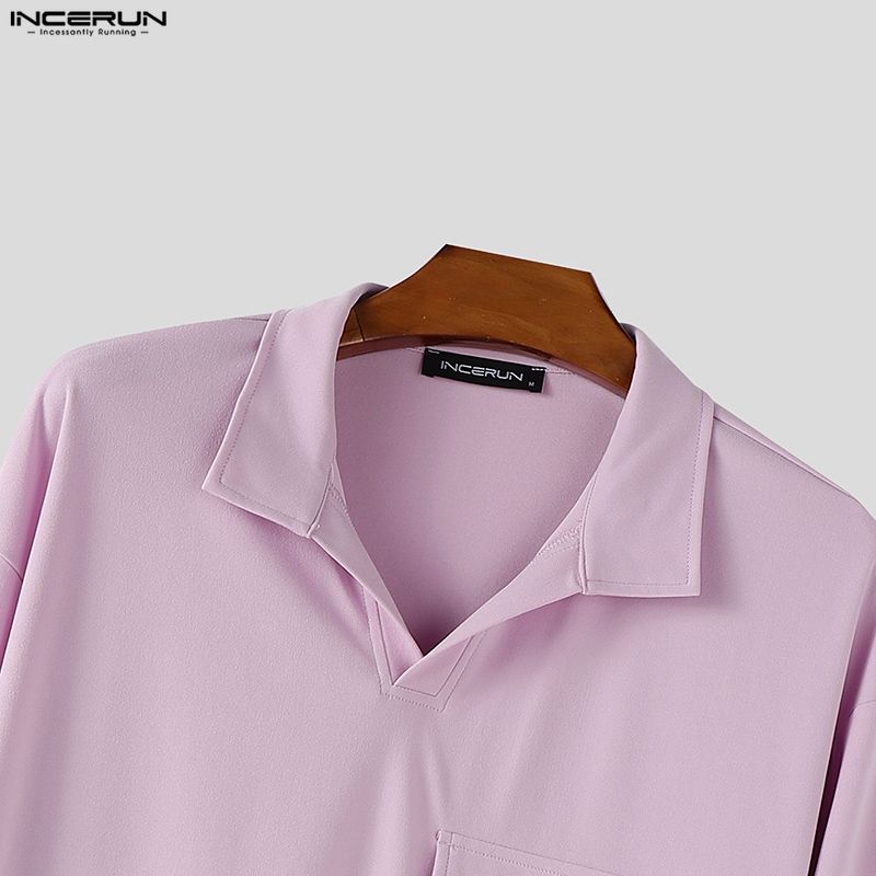 INCERUN Oversized Men Lapel Neck Long Sleeve Solid Loose Casual T-Shirts Tops