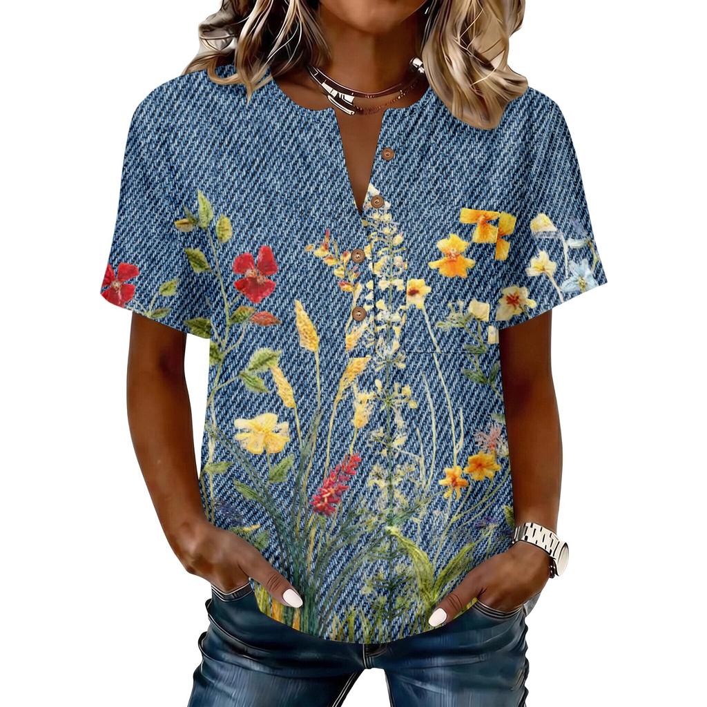 Women's Vintage Floral Print Henley Button Neck Short Sleeve Shirt Lightweight Cotton Linen Blend Casual Top for Everyday Wear