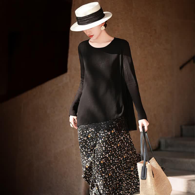 LanSeEr Elegant Lace Patchwork Irregular Slit Long Sleeve Top M