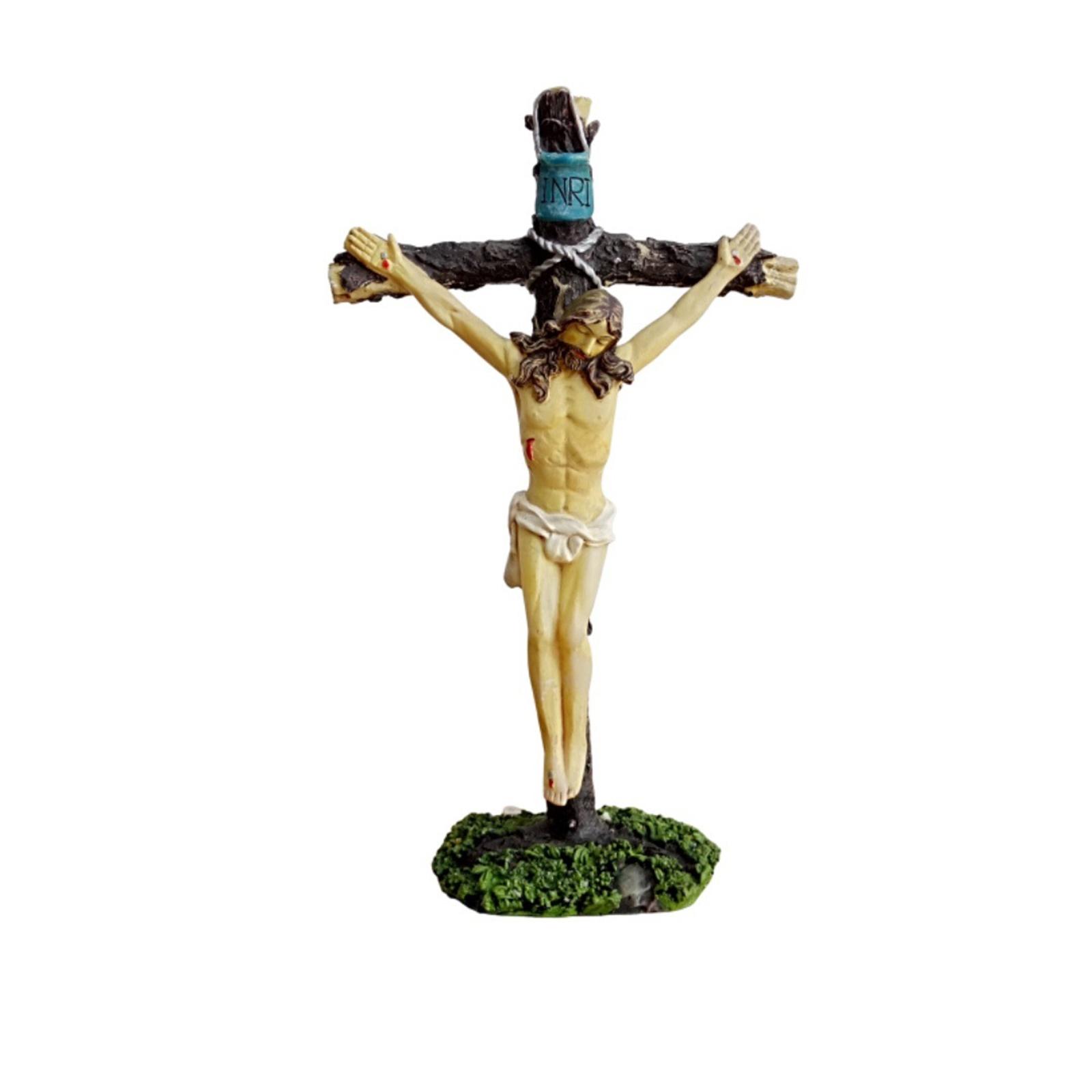 

7.28-inch Tall Standing Cross With Moss Base Standing Figure Sculpture Resin Ornament One Size
