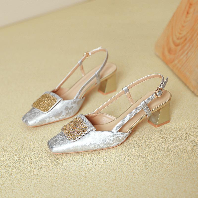 Baotou sandals women's 2025 new summer skirt mid-heel empty single shoes silver French thick heel square head high heels