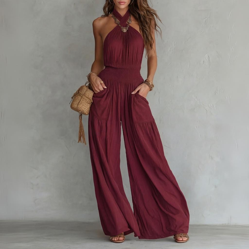 Ärmelloser Rückenfreier Jumpsuit für Damen, Neckholder, Weites Bein, Mit Taschen, Lässiger Lockerer Einteiler
