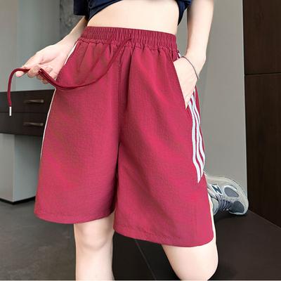 Women Summer Striped Quick- Drying Jogging Sports Solid Color Drawstring High-Waisted Wide-Leg Casual Shorts Pants