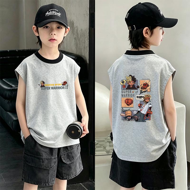 Boys' 2026 Summer Color Block Cotton Vest: Trendy Sleeveless T-shirt for Medium & Older Boys