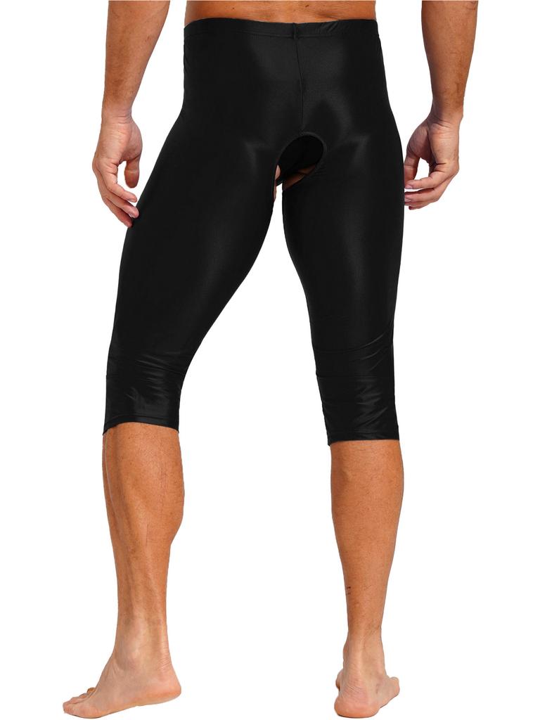 Mens Glossy Open Crotch Shorts Stretchy Elastic Waistband Slim-Fit Leggings Smooth Fabric for Gym Club Outfits