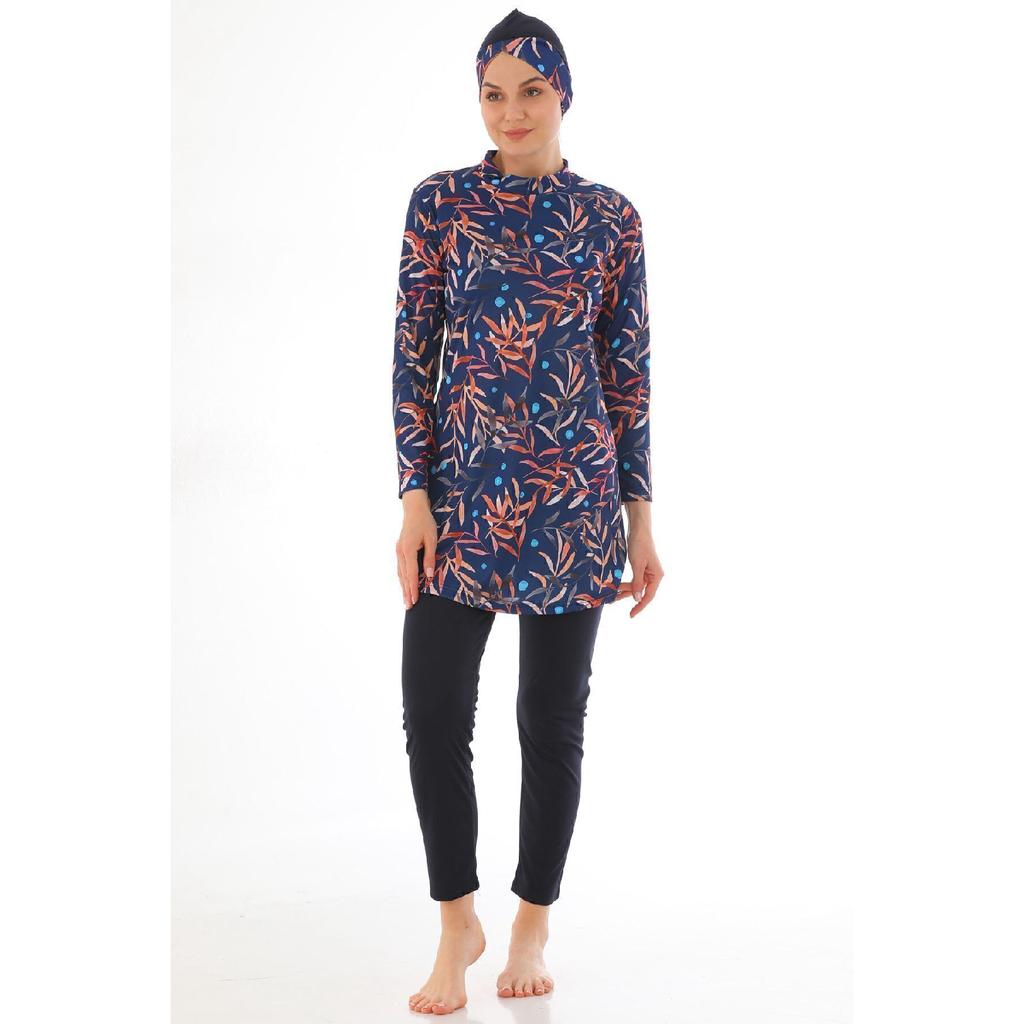 Vollständig bedeckter Lycra-Hijab-Badeanzug mit marineblauem Muster