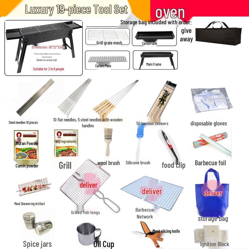 Portable Folding Charcoal Barbecue Grill with Skewers for Outdoor Cooking