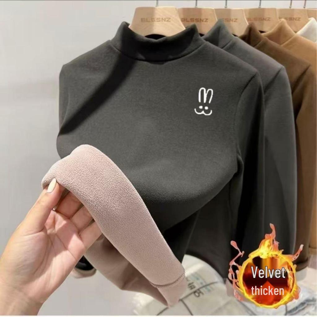 2025 Winter Kids' Plush Velvet Base Layer Half-High Collar T-Shirt for Boys & Girls